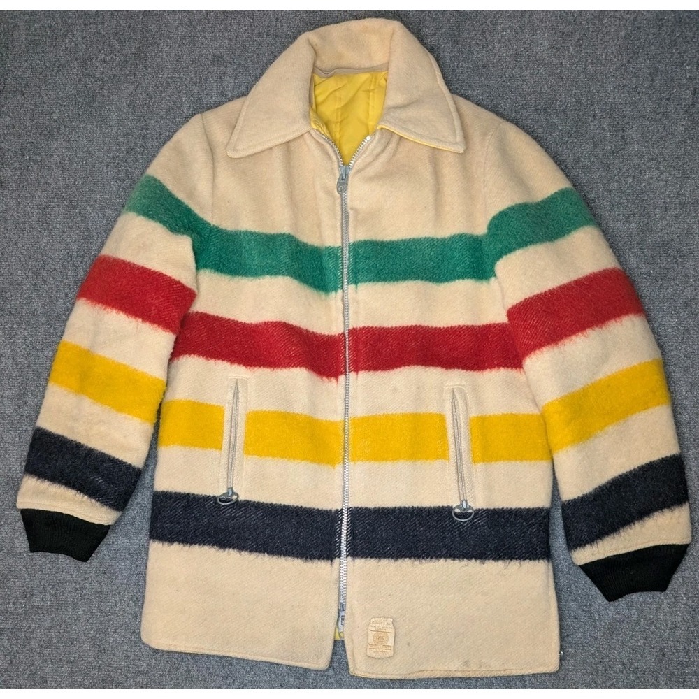VTG 60s Hudson's Bay 4 Point‎ Striped Wool Reversible Coat Jacket Womens 12